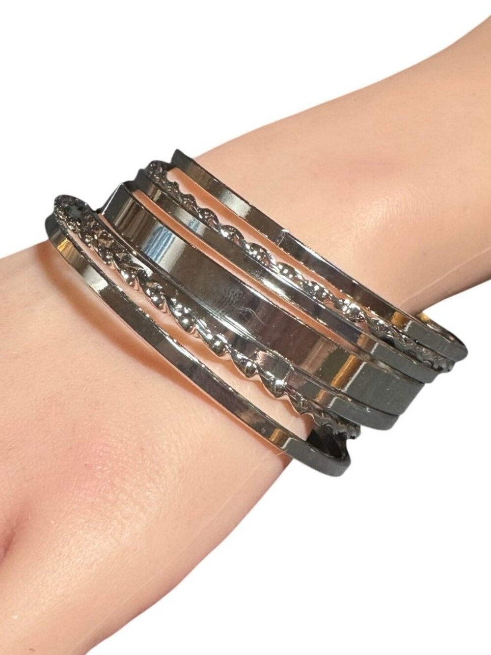 Casual Bangle Bracelet Set of 7 Silver Tone Lightweight Womens Costume Jewelry